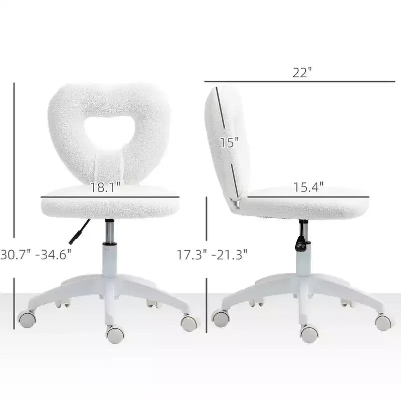 Armless Computer Desk Chair, Office Task Chair, Teddy Fleece Heart Makeup Vanity Chair with Swivel Wheels