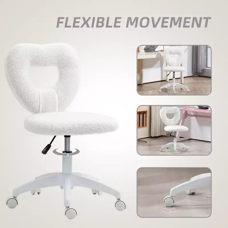 Armless Computer Desk Chair, Office Task Chair, Teddy Fleece Heart Makeup Vanity Chair with Swivel Wheels