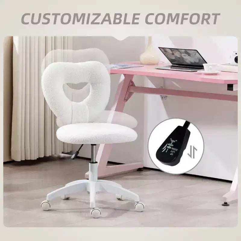 Armless Computer Desk Chair, Office Task Chair, Teddy Fleece Heart Makeup Vanity Chair with Swivel Wheels