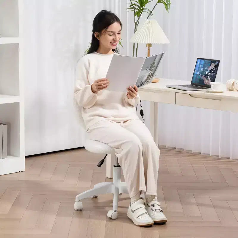 Armless Computer Desk Chair, Office Task Chair, Teddy Fleece Heart Makeup Vanity Chair with Swivel Wheels