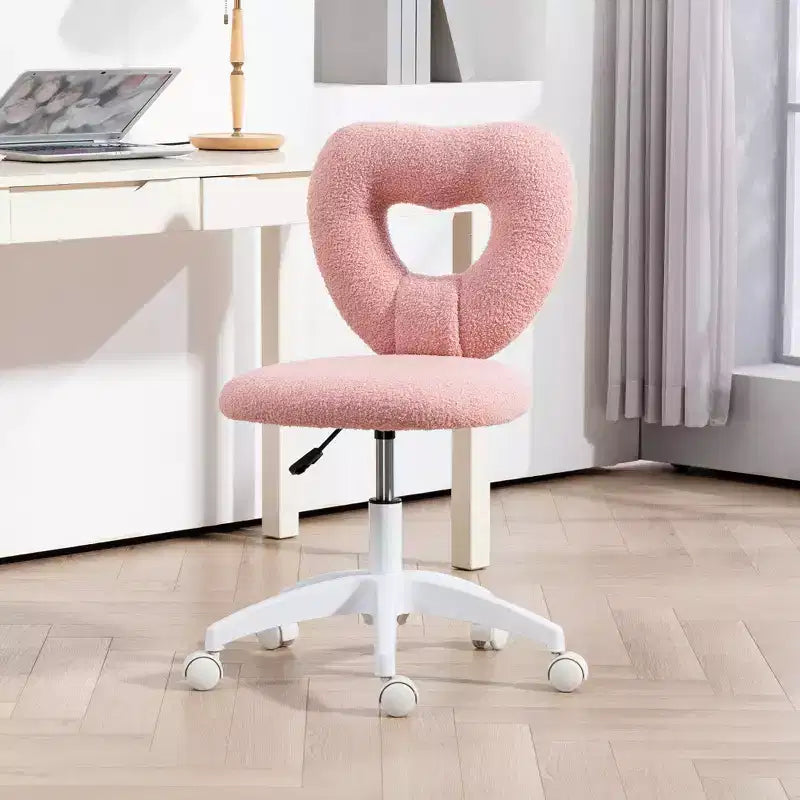 Armless Computer Desk Chair, Office Task Chair, Teddy Fleece Heart Makeup Vanity Chair with Swivel Wheels