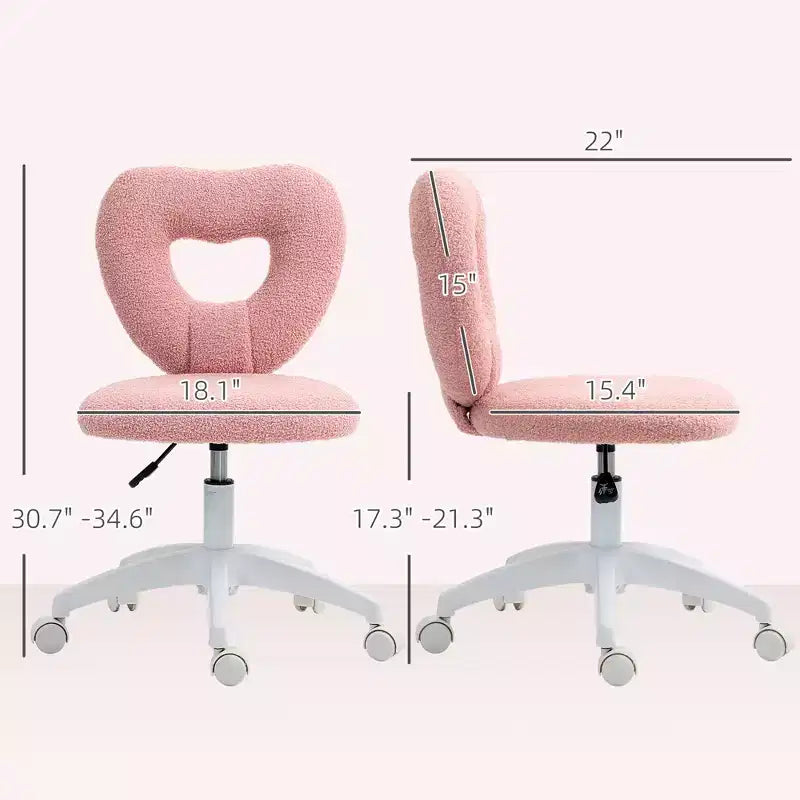 Armless Computer Desk Chair, Office Task Chair, Teddy Fleece Heart Makeup Vanity Chair with Swivel Wheels