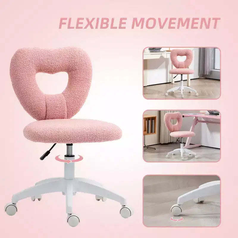 Armless Computer Desk Chair, Office Task Chair, Teddy Fleece Heart Makeup Vanity Chair with Swivel Wheels