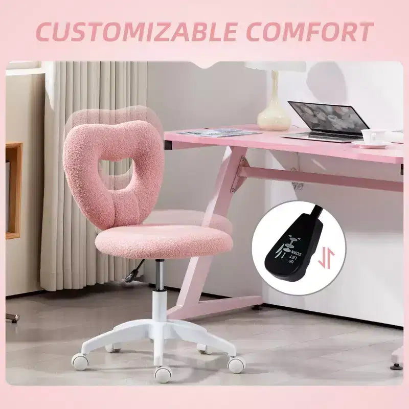 Armless Computer Desk Chair, Office Task Chair, Teddy Fleece Heart Makeup Vanity Chair with Swivel Wheels