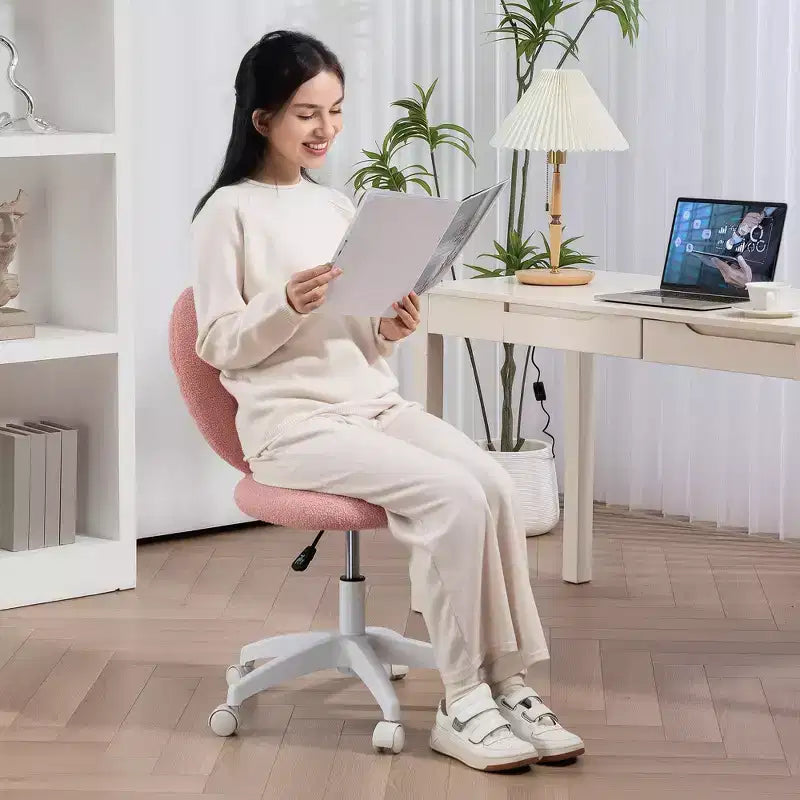 Armless Computer Desk Chair, Office Task Chair, Teddy Fleece Heart Makeup Vanity Chair with Swivel Wheels