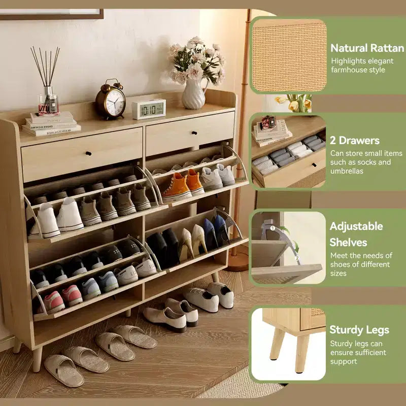 Meuble à chaussures Acekool en rotin, 4 tiroirs basculants et 2 tiroirs, organisateur bohème pour entrée, couloir, salon, chêne naturel