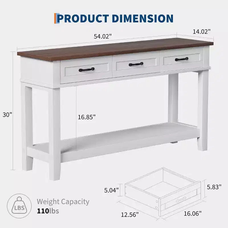 54 Entryway Console Table with 3 Drawers, 2 Tier Wooden Narrow Sofa Table Behind Couch, Rectangular Hallway Table for Entryway Living Room