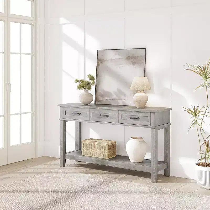 54 Entryway Console Table with 3 Drawers, 2 Tier Wooden Narrow Sofa Table Behind Couch, Rectangular Hallway Table for Entryway Living Room