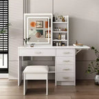 Okak Makeup Vanity with Open Shelves and 5 Drawers, Vanity Table with Large Mirror and Side Storage Shelves, Makeup Desk for Bedroom, White