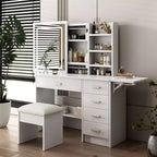 Coiffeuse Okak avec étagères ouvertes et 5 tiroirs, Coiffeuse avec grand miroir et étagères de rangement latérales, Bureau de maquillage pour chambre à coucher, Blanc
