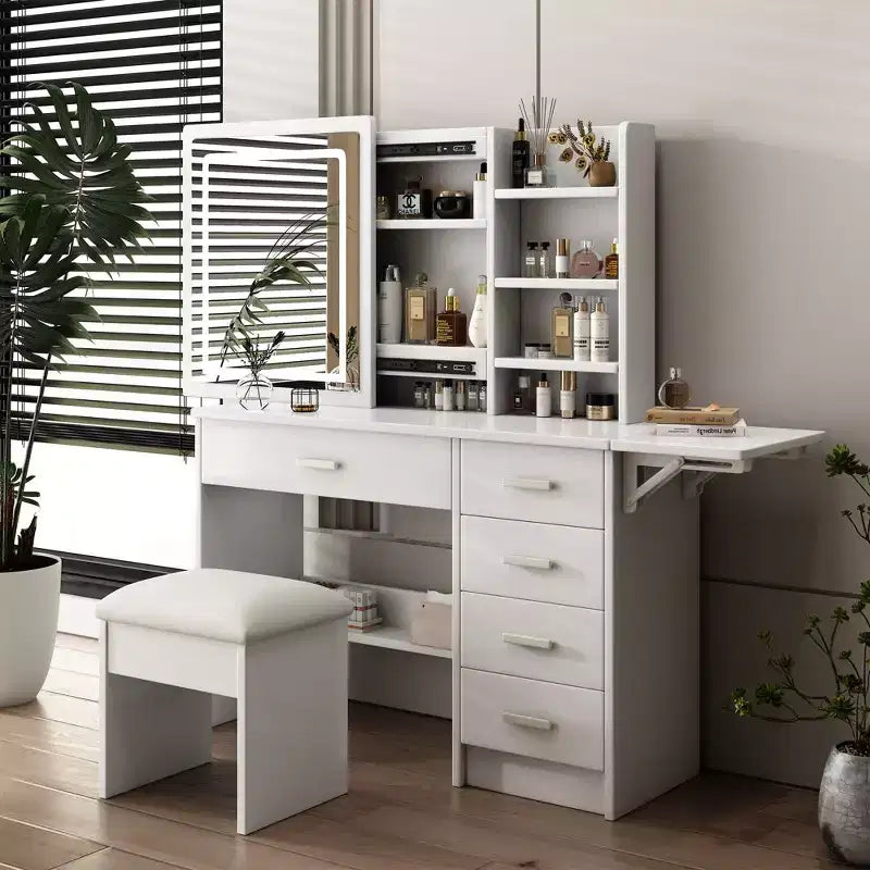 Coiffeuse Okak avec étagères ouvertes et 5 tiroirs, Coiffeuse avec grand miroir et étagères de rangement latérales, Bureau de maquillage pour chambre à coucher, Blanc
