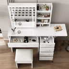 Coiffeuse Okak avec étagères ouvertes et 5 tiroirs, Coiffeuse avec grand miroir et étagères de rangement latérales, Bureau de maquillage pour chambre à coucher, Blanc