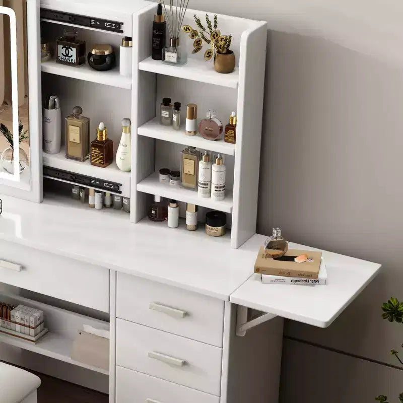 Coiffeuse Okak avec étagères ouvertes et 5 tiroirs, Coiffeuse avec grand miroir et étagères de rangement latérales, Bureau de maquillage pour chambre à coucher, Blanc