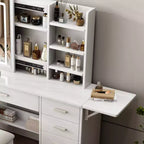 Coiffeuse Okak avec étagères ouvertes et 5 tiroirs, Coiffeuse avec grand miroir et étagères de rangement latérales, Bureau de maquillage pour chambre à coucher, Blanc