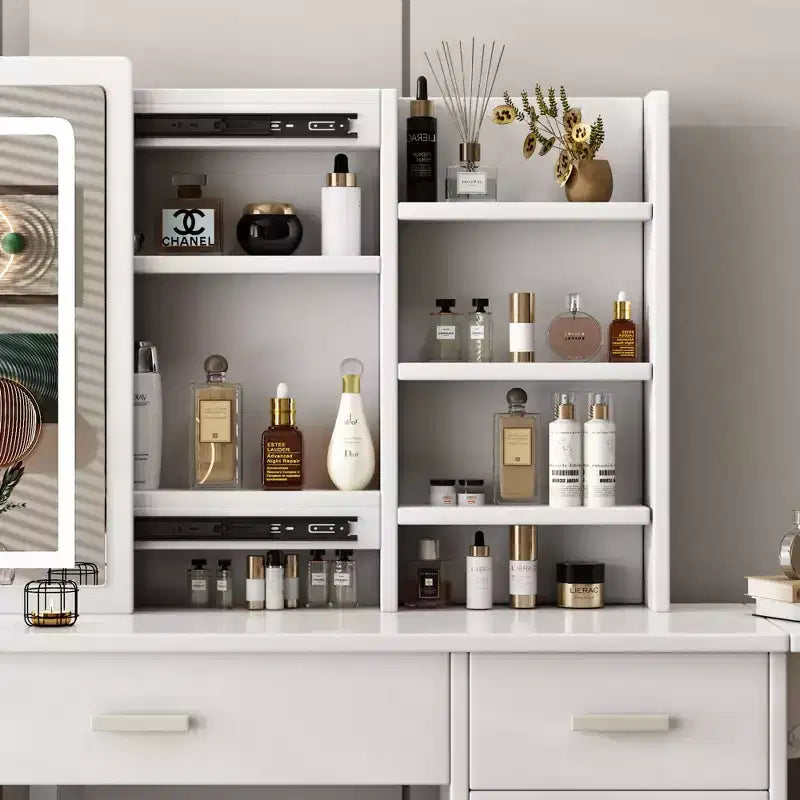 Coiffeuse Okak avec étagères ouvertes et 5 tiroirs, Coiffeuse avec grand miroir et étagères de rangement latérales, Bureau de maquillage pour chambre à coucher, Blanc