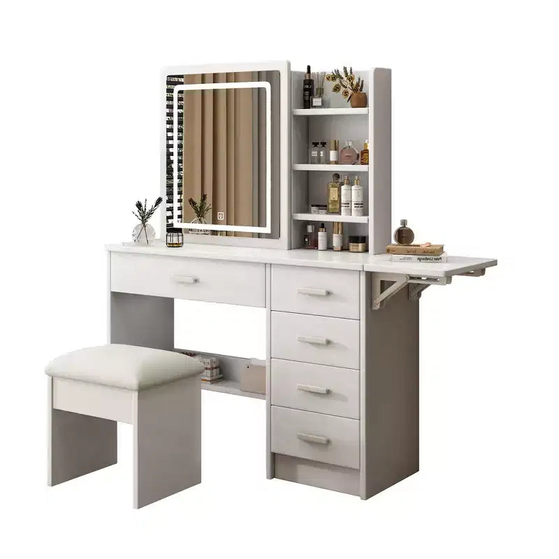 Coiffeuse Okak avec étagères ouvertes et 5 tiroirs, Coiffeuse avec grand miroir et étagères de rangement latérales, Bureau de maquillage pour chambre à coucher, Blanc