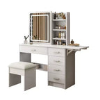 Coiffeuse Okak avec étagères ouvertes et 5 tiroirs, Coiffeuse avec grand miroir et étagères de rangement latérales, Bureau de maquillage pour chambre à coucher, Blanc