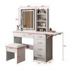 Coiffeuse Okak avec étagères ouvertes et 5 tiroirs, Coiffeuse avec grand miroir et étagères de rangement latérales, Bureau de maquillage pour chambre à coucher, Blanc