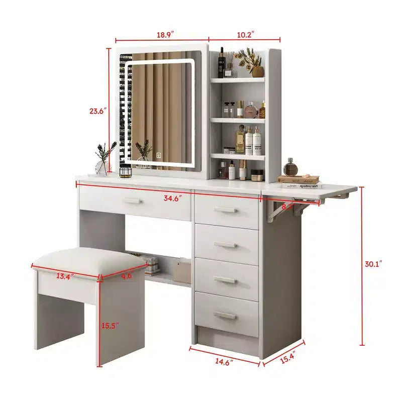 Coiffeuse Okak avec étagères ouvertes et 5 tiroirs, Coiffeuse avec grand miroir et étagères de rangement latérales, Bureau de maquillage pour chambre à coucher, Blanc