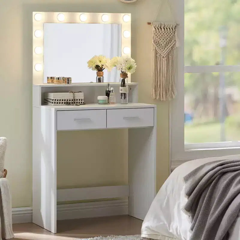 Okak Compact Vanity with Rectangular Mirror, Makeup Vanity with 2 Large Drawers, Vanity Table with 3 Modes for Bedroom, Dressing Room, White