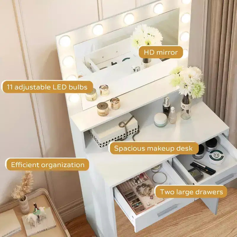 Okak Compact Vanity with Rectangular Mirror, Makeup Vanity with 2 Large Drawers, Vanity Table with 3 Modes for Bedroom, Dressing Room, White