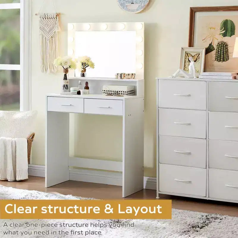Okak Compact Vanity with Rectangular Mirror, Makeup Vanity with 2 Large Drawers, Vanity Table with 3 Modes for Bedroom, Dressing Room, White
