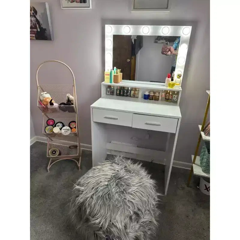 Okak Compact Vanity with Rectangular Mirror, Makeup Vanity with 2 Large Drawers, Vanity Table with 3 Modes for Bedroom, Dressing Room, White