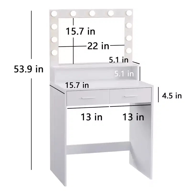 Okak Compact Vanity with Rectangular Mirror, Makeup Vanity with 2 Large Drawers, Vanity Table with 3 Modes for Bedroom, Dressing Room, White