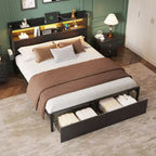 Queen Platform Bed Frame with Storage Drawers, LED Lights, and Charging Station