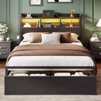 Queen Platform Bed Frame with Storage Drawers, LED Lights, and Charging Station