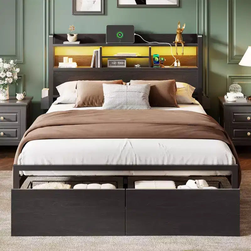 Queen Platform Bed Frame with Storage Drawers, LED Lights, and Charging Station