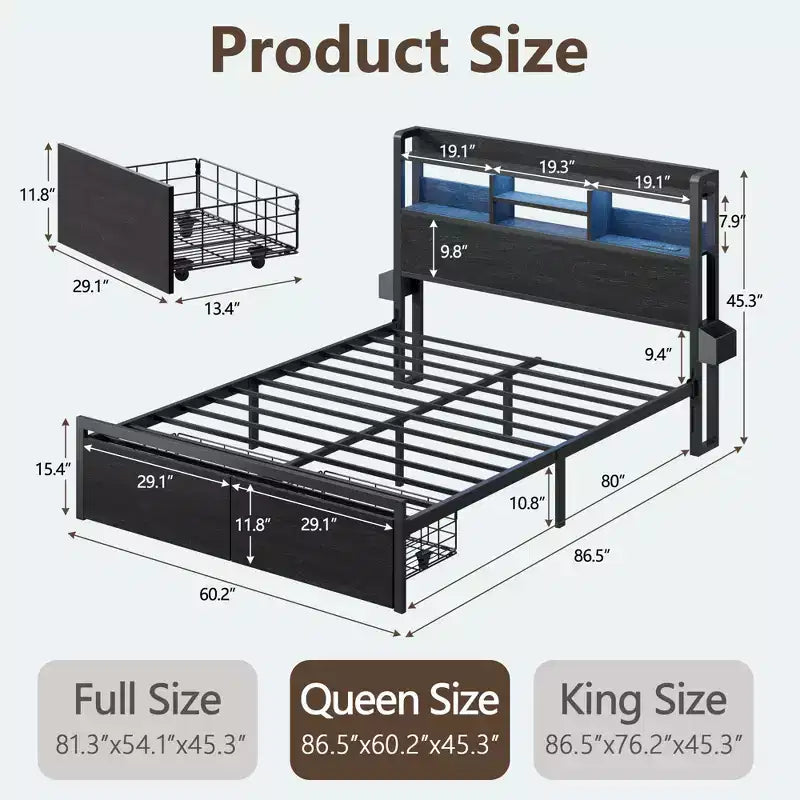 Queen Platform Bed Frame with Storage Drawers, LED Lights, and Charging Station