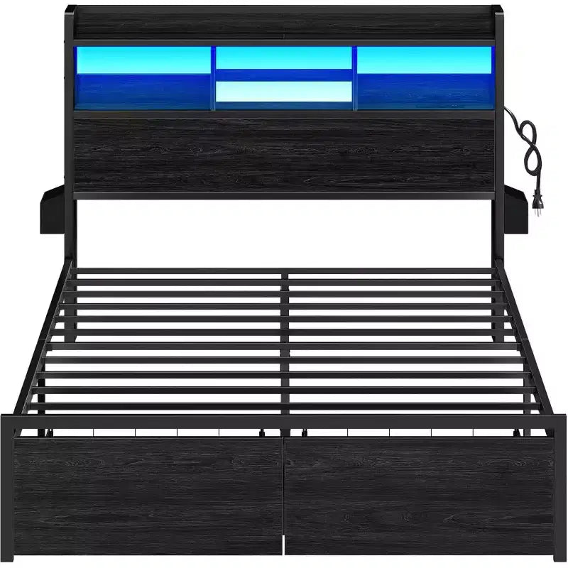 Queen Platform Bed Frame with Storage Drawers, LED Lights, and Charging Station
