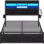 Queen Platform Bed Frame with Storage Drawers, LED Lights, and Charging Station