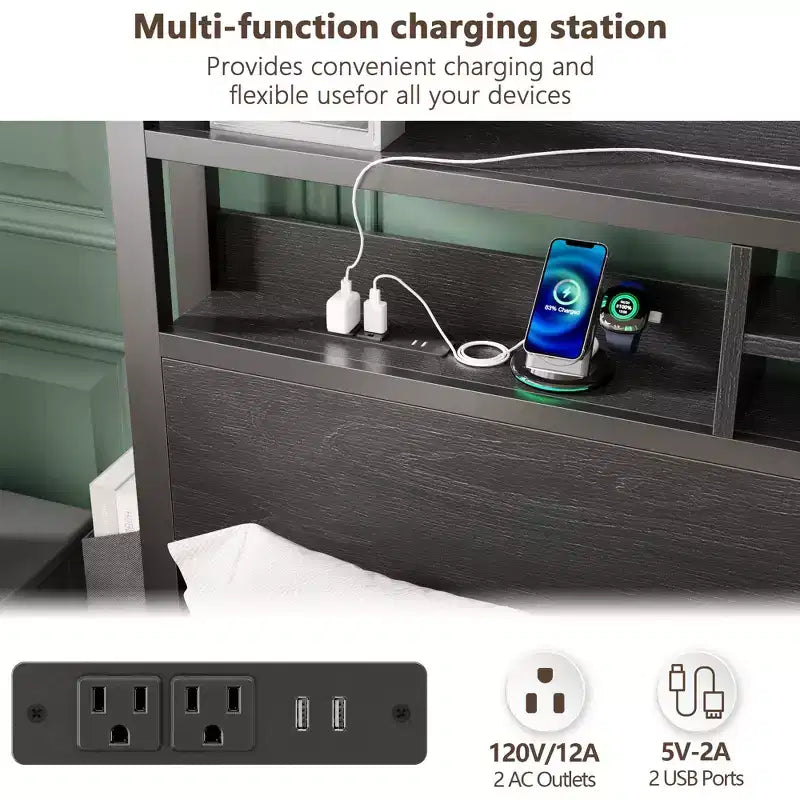 Queen Platform Bed Frame with Storage Drawers, LED Lights, and Charging Station