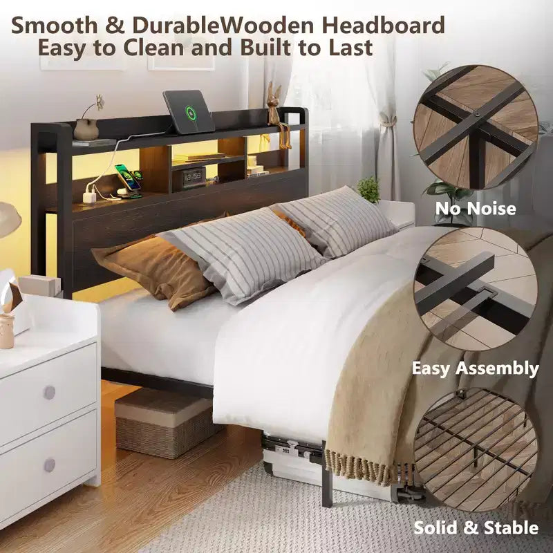 Queen Platform Bed Frame with Storage Drawers, LED Lights, and Charging Station