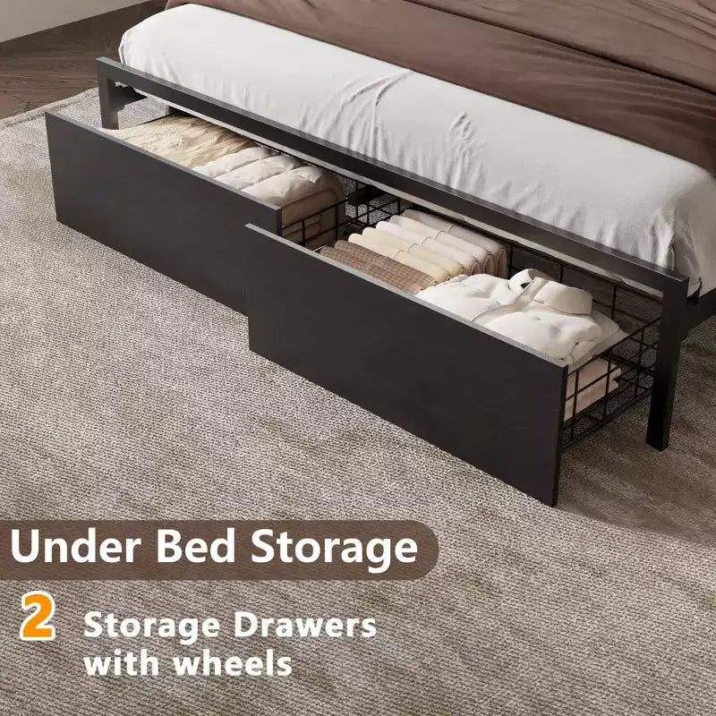 Queen Platform Bed Frame with Storage Drawers, LED Lights, and Charging Station