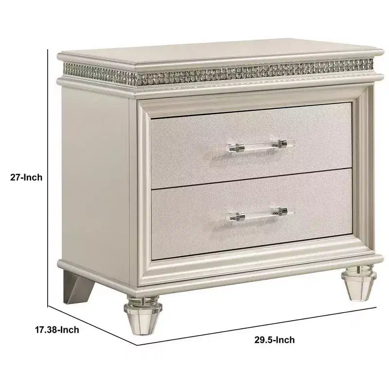 2-Drawer Nightstand with Acrylic Feet and Crystal Accents, Silver
