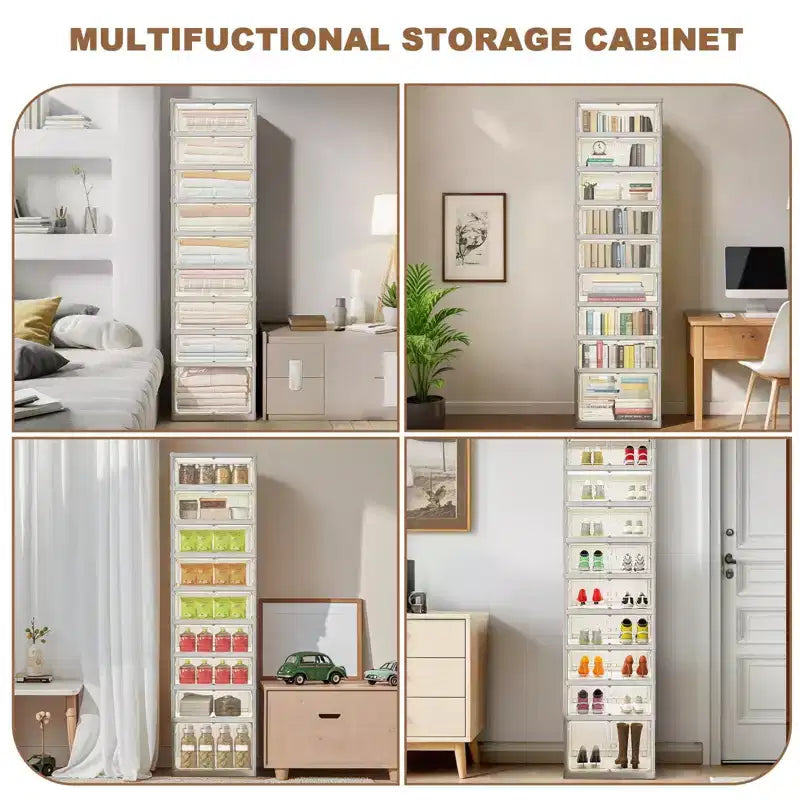Foldable Shoe Storage Cabinet with Clear Doors and Wheels