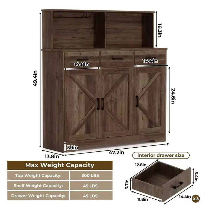 Buffet Cabinet with Storage – 3 Doors, 3 Drawers, Wood Frame