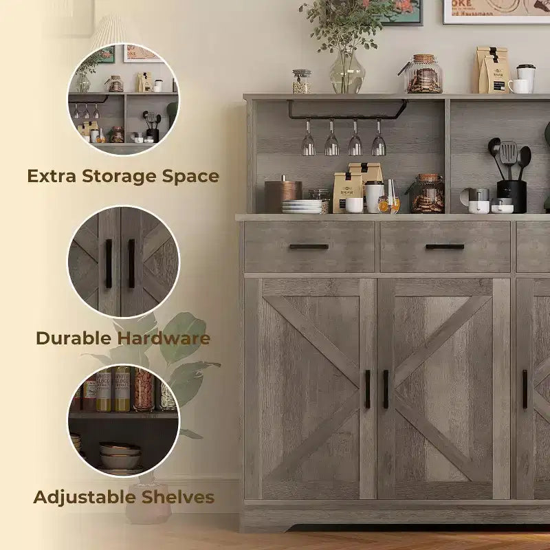 Buffet Cabinet with Storage – 3 Doors, 3 Drawers, Wood Frame