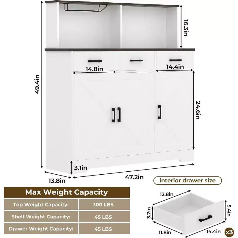 Buffet Cabinet with Storage – 3 Doors, 3 Drawers, Wood Frame