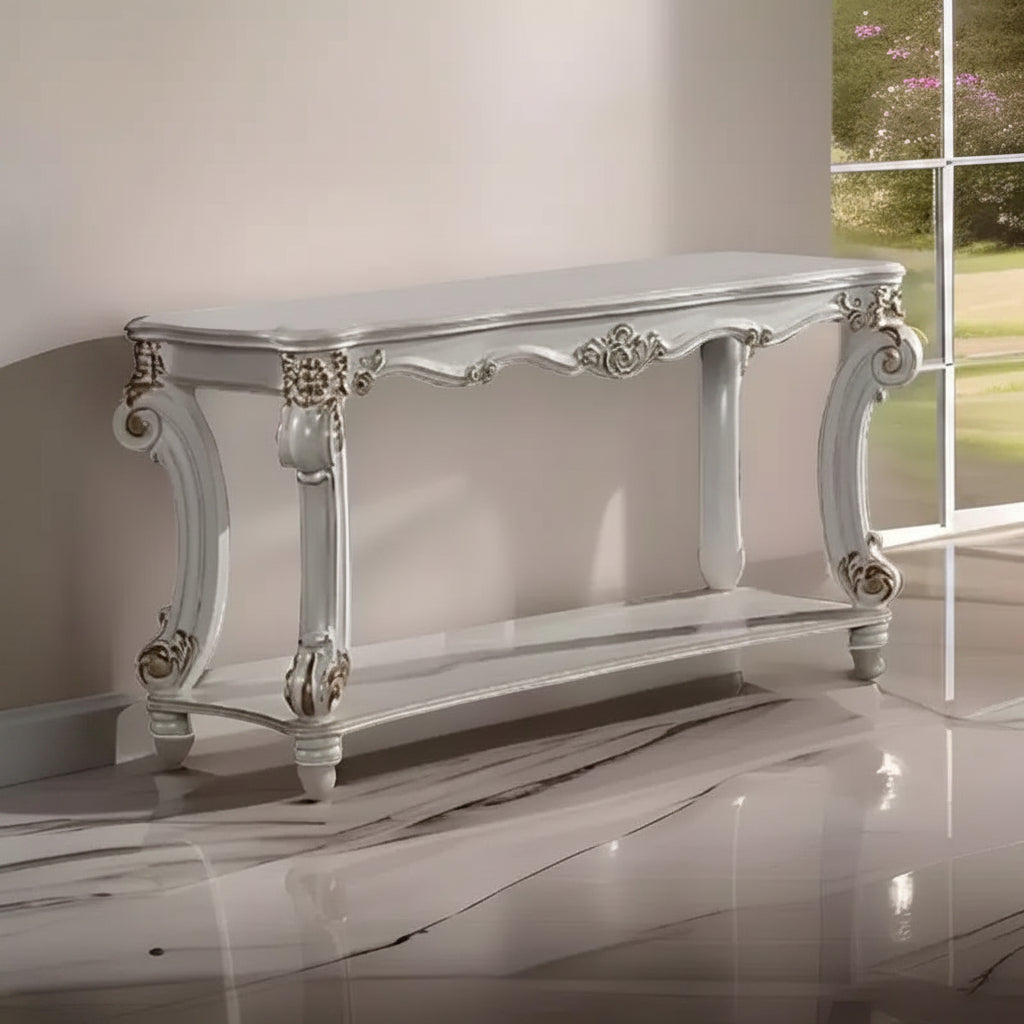 Royal Hampton 58 Inch Sofa Console Table, Classic Scrolled Legs, Brushed Gold, Shelf