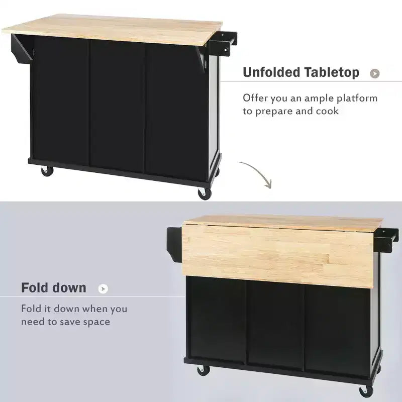 Kitchen Island With Storage Cabinet & 3 Drawers, Drop-Leaf Countertop, Rolling Cart With Locking Casters, Black