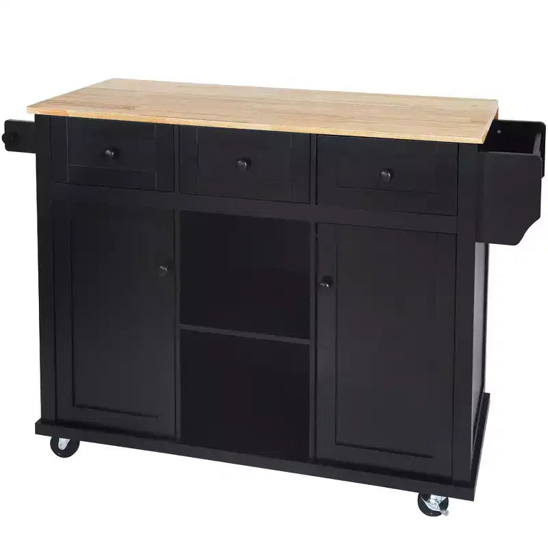 Kitchen Island With Storage Cabinet & 3 Drawers, Drop-Leaf Countertop, Rolling Cart With Locking Casters, Black