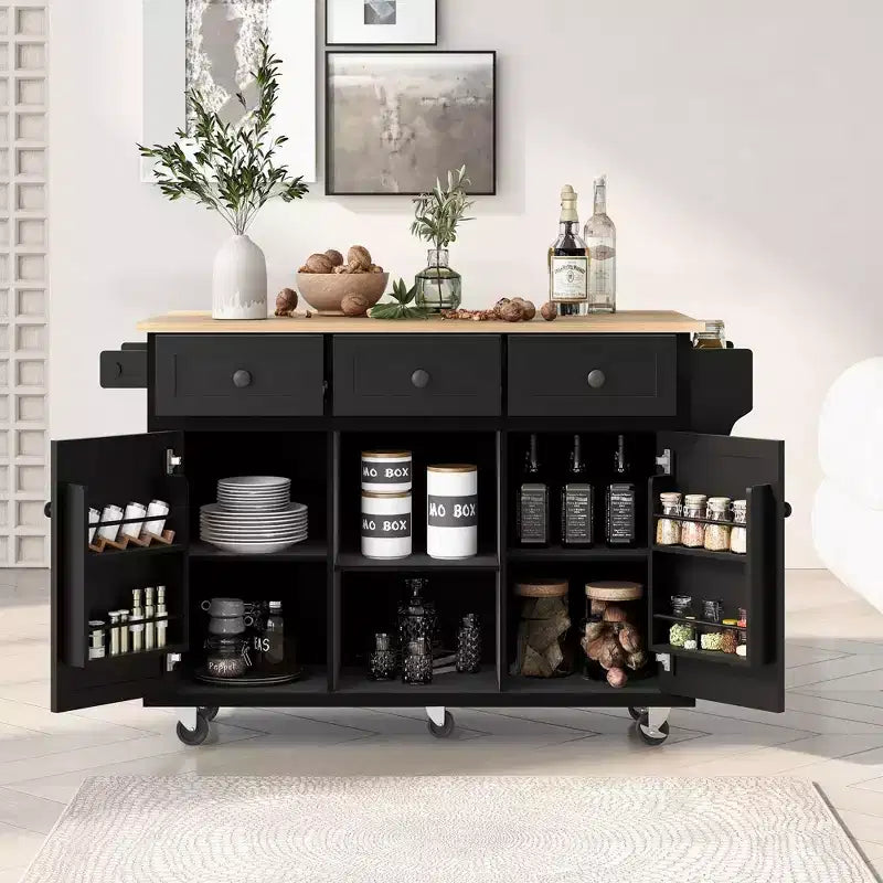 Kitchen Island With Storage Cabinet & 3 Drawers, Drop-Leaf Countertop, Rolling Cart With Locking Casters, Black