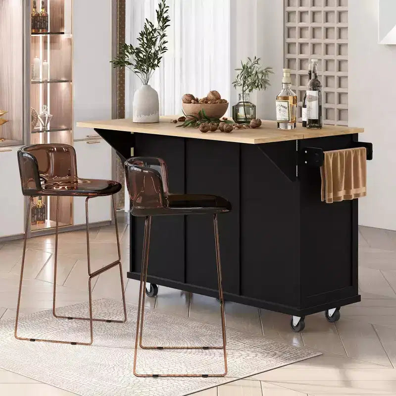 Kitchen Island With Storage Cabinet & 3 Drawers, Drop-Leaf Countertop, Rolling Cart With Locking Casters, Black