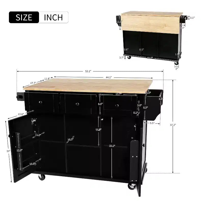 Kitchen Island With Storage Cabinet & 3 Drawers, Drop-Leaf Countertop, Rolling Cart With Locking Casters, Black