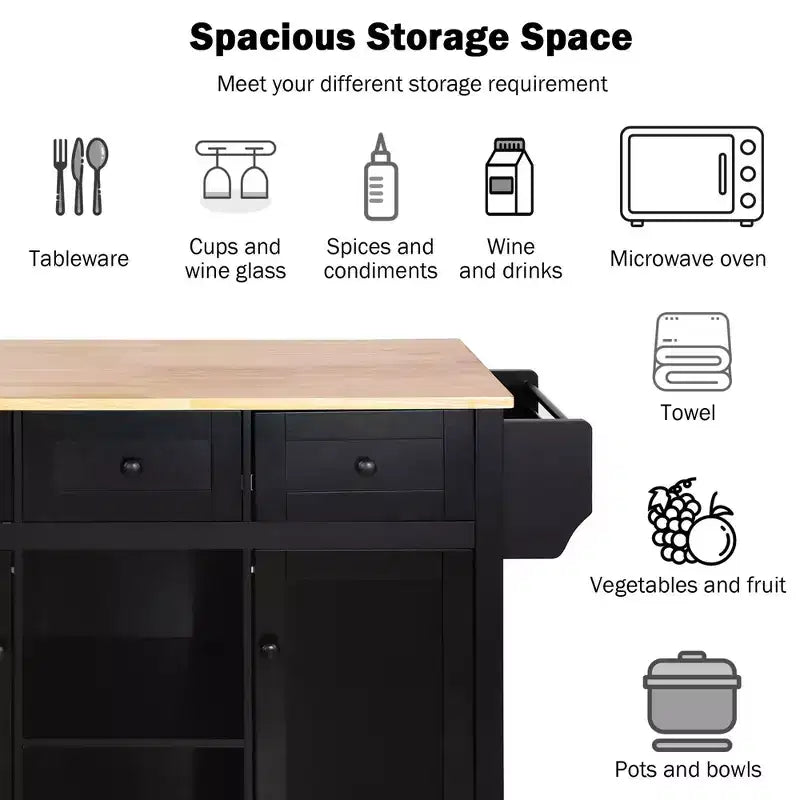 Kitchen Island With Storage Cabinet & 3 Drawers, Drop-Leaf Countertop, Rolling Cart With Locking Casters, Black