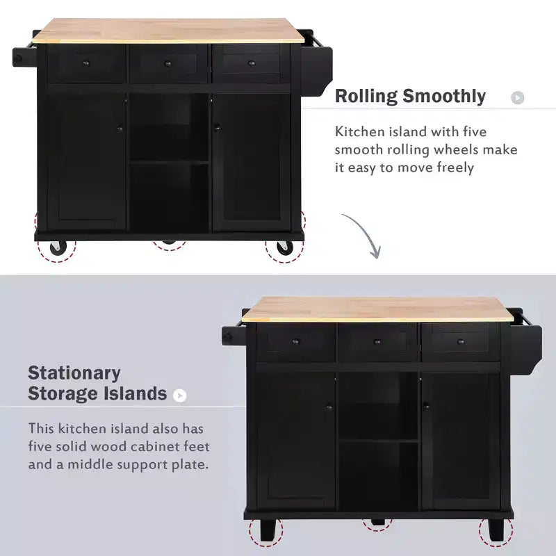 Kitchen Island With Storage Cabinet & 3 Drawers, Drop-Leaf Countertop, Rolling Cart With Locking Casters, Black